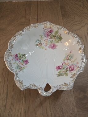 Floral Porcelain Decorative Shell Dish - Pink & Green Flowers with Gold Trim